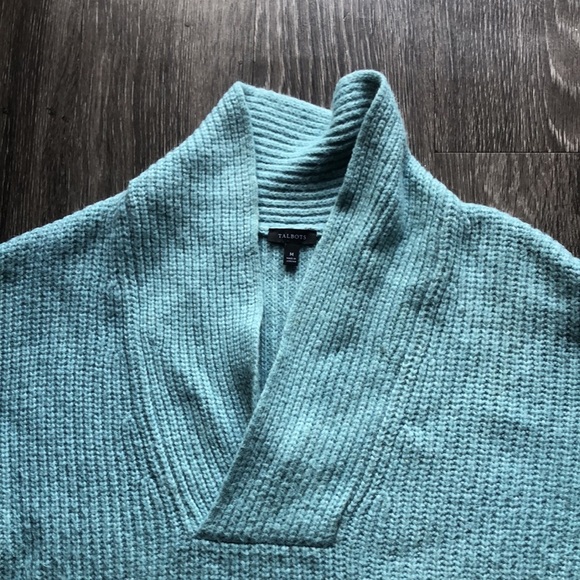 Talbots Cozy Teal Shawl Collar V-Neck Sweater | Classic Knit Pullover - Picture 4 of 6